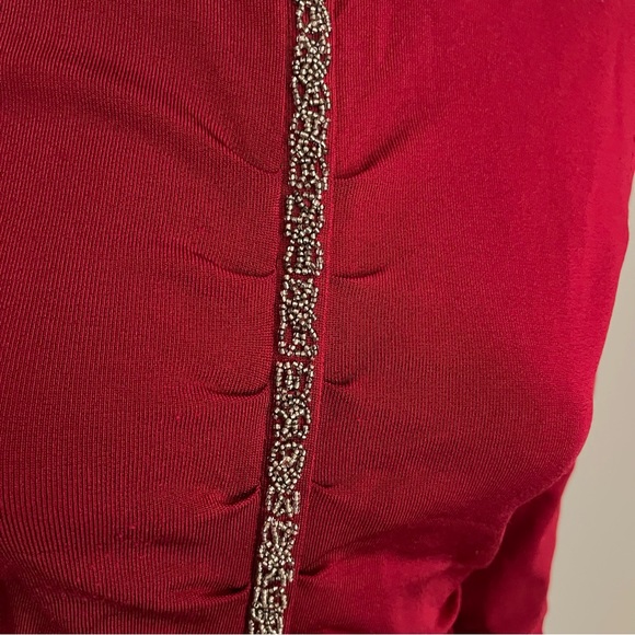 Red Rhinestone Embellished Ruched Long Sleeve Turtleneck Zip-up Blouse - Picture 3 of 8